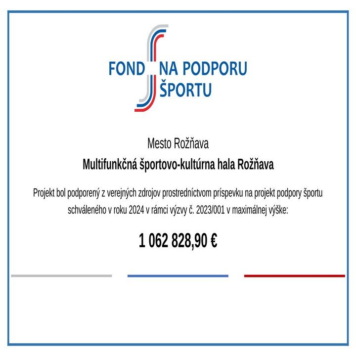 Fotka - Mesto Rožňava získalo z Fondu na podporu športu 1 062 828,90 € na projekt...